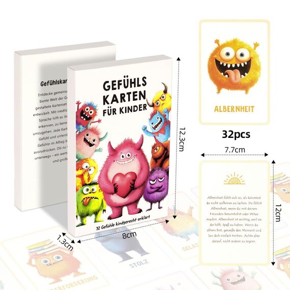 Aolso Gefühlskarten für Kinder, 32 Stück lebendige Emotionsbilder, Deutsch, Emotionskarten für Selbstregulation und EIN gutes Gefühl, Geeignet für Kindergärten, Grundschulen und Familien