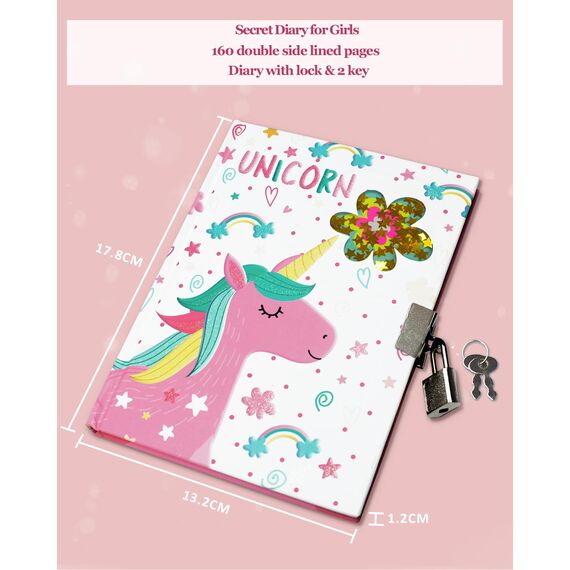 Tagebuch Mädchen mit Schloss, 17,8x13,5cm 80 Linierte Blätter Schüttelbares Pailletten-Einhorn Notizbuch Mädchen Kinder Tagebuch zum Schreiben Teenager Geschenke Mädchen & Jungen 6 7 8 9 10 12 Jahren