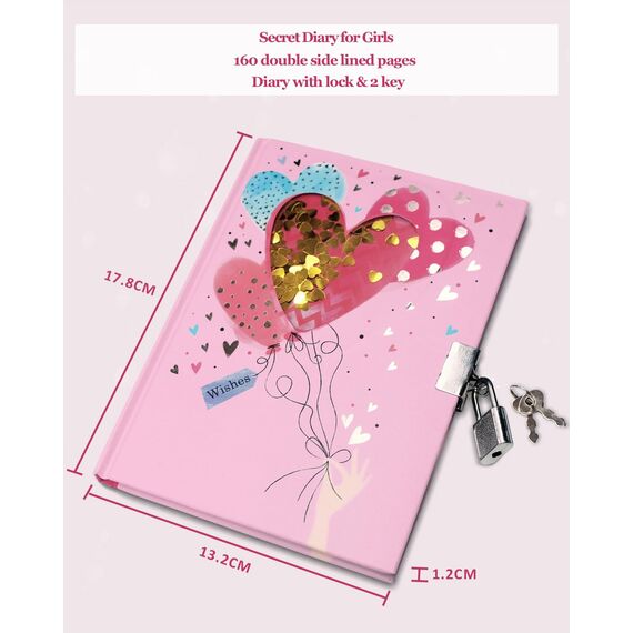 GINMLYDA Tagebuch Mädchen mit Schloss für Geschenke, Herz Notizbuch mit Schüttelbaren Pailletten 17.8x13cm 160 Liniertes Seiten Tagebuch zum Schreiben ab 6,7,8,9,10,11,12 Jahren Kinder Tagebuch