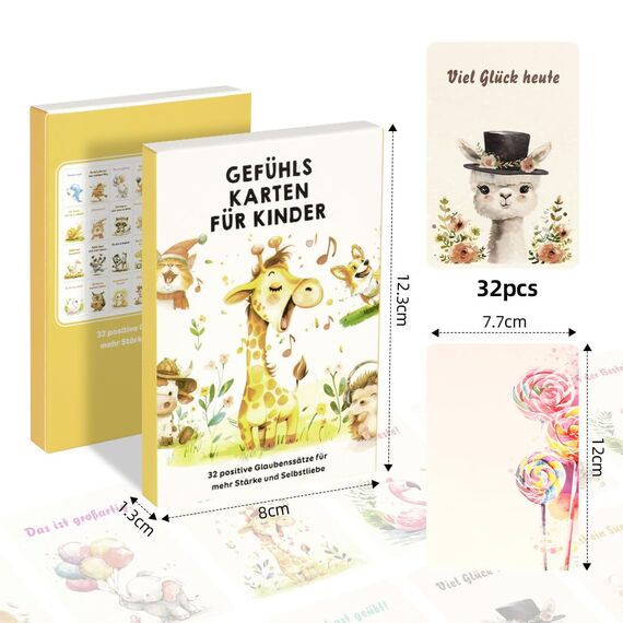 Aolso Affirmationskarten Kinder, 32 Stück, Deutsch, Umgang mit Gefühlen Lernen mit Gefühlskarten, Achtsamkeitskarten für positives Denken, Selbstliebe, Mut und Dankbarkeit