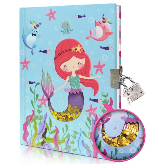 Tagebuch Mädchen mit Schloss, 17,8x13,5cm 80 Linierte Blätter Schüttelbares Pailletten-Meerjungfrau Notizbuch Mädchen Kinder Tagebuch zum Schreiben Teenager Geschenke Mädchen & Jungen 6-12 Jahren