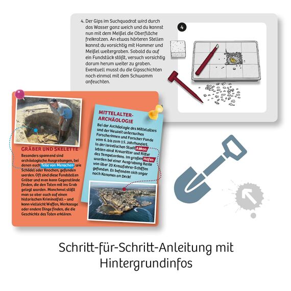 KOSMOS Ritter-Schatz Ausgrabungs-Set, Für Mittelalter-Fans und kleine Archäologen. Mit Drachenzahn, Metall-Münzen, Medaillon, Spielsteine, Experimentierset mit Hammer und Meißel, Für Kinder ab 7