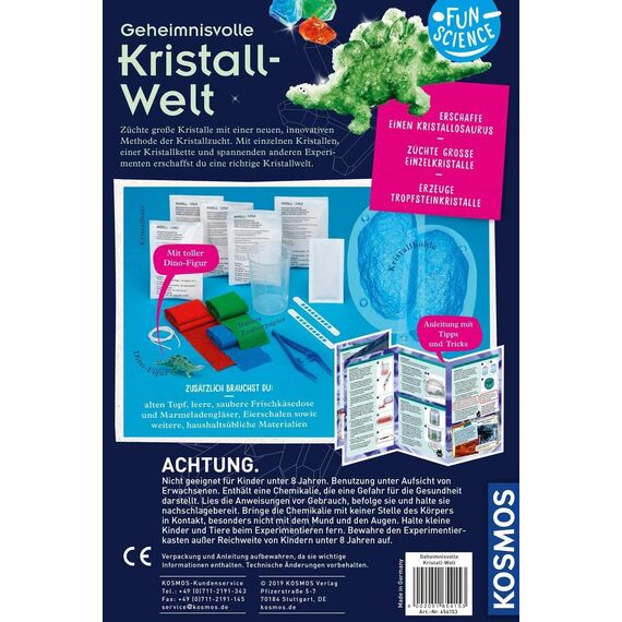 KOSMOS 654153 Fun Science - Geheimnisvolle Kristallwelt, Experimentierkasten für Kinder, Kristalle züchten, riesige Einzelkristalle in tollen Farben