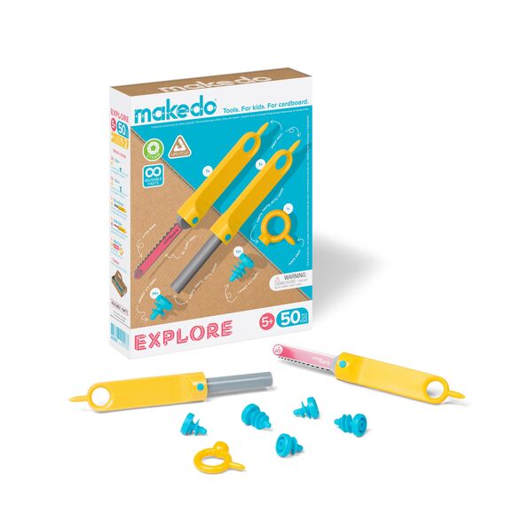 Makedo Explore | Werkzeugset aus recycelter Pappe im kleinen Werkzeugkasten (50 Teile) | STEM- und STEAM-Lernspielzeug für Zuhause und Schule