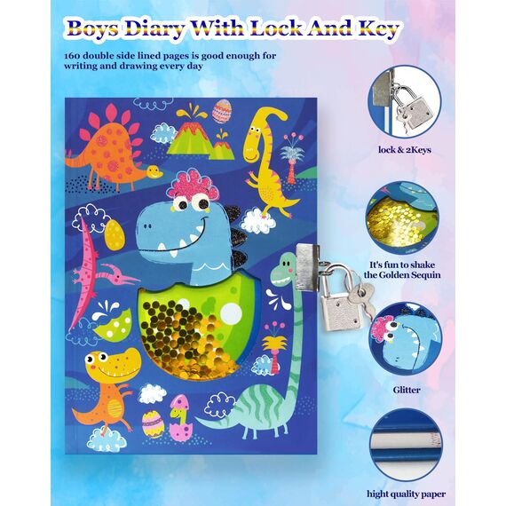 Tagebuch Junge mit Schloss, 17,8x13,5cm 80 Linierte Blätter Schüttelbares Pailletten-Dinosaurier Notizbuch Mädchen Kinder tagebuch zum Schreiben Teenager Geschenke Mädchen & Jungen 6 7 8 9 10 Jahren
