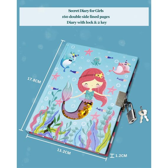 Tagebuch Mädchen mit Schloss, 17,8x13,5cm 80 Linierte Blätter Schüttelbares Pailletten-Meerjungfrau Notizbuch Mädchen Kinder Tagebuch zum Schreiben Teenager Geschenke Mädchen & Jungen 6-12 Jahren