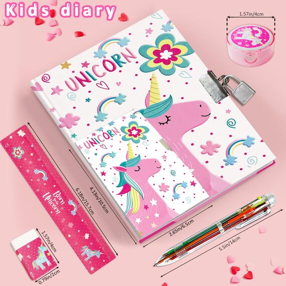 Set Tagebuch Mädchen, Kinder Schreibwaren-Geschenkset Enthält Einhorn Tagebuch mit Schloss Notizblock Radiergummi Spitzer Lineal & 6-Farben-Stift für Teenager Junge Notizbuch Geschenke 6-12 Jahren