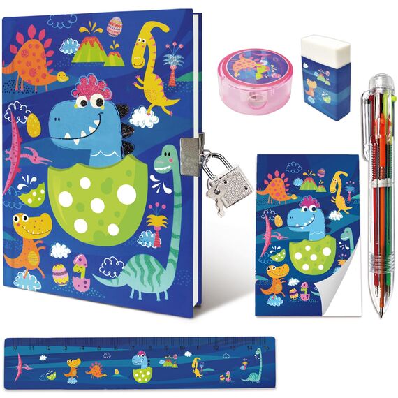 Set Tagebuch Junge, Kinder Schreibwaren-Geschenkset Enthält Dinosaurier Tagebuch mit Schloss Mädchen Notizblock Radiergummi Spitzer Lineal und 6-Farben-Stift für Teenager Notizbuch Geschenke 6+ Jahren
