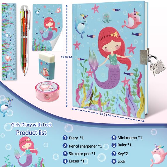 Set Tagebuch Mädchen, Kinder Schreibwaren Geschenkset Enthält Meerjungfrau Tagebuch mit Schloss Notizblock Radiergummi Spitzer Lineal & 6-Farben-Stift für Teenager Junge Notizbuch Geschenke 6-12 Jahre