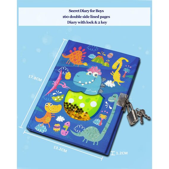 Tagebuch Junge mit Schloss, 17,8x13,5cm 80 Linierte Blätter Schüttelbares Pailletten-Dinosaurier Notizbuch Mädchen Kinder tagebuch zum Schreiben Teenager Geschenke Mädchen & Jungen 6 7 8 9 10 Jahren
