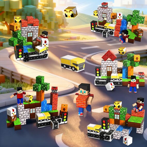 Annexfun Mini Magnetische Bausteine 44 Teile mit 1 Figur im Tragbaren Metallbox - Waldhütte & Straßenbau Set für Kinder, STEM Pädagogisches Lernspielzeug mit Magnetic Blocks für Kinder ab 3+ Jahren