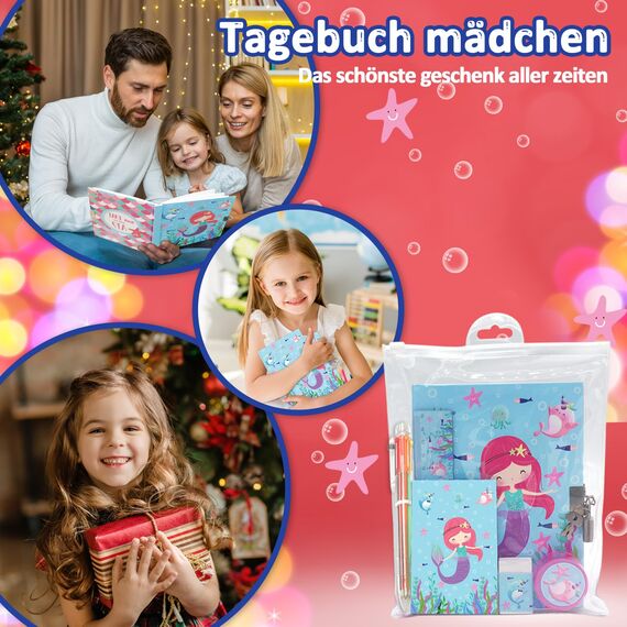 Set Tagebuch Mädchen, Kinder Schreibwaren Geschenkset Enthält Meerjungfrau Tagebuch mit Schloss Notizblock Radiergummi Spitzer Lineal & 6-Farben-Stift für Teenager Junge Notizbuch Geschenke 6-12 Jahre