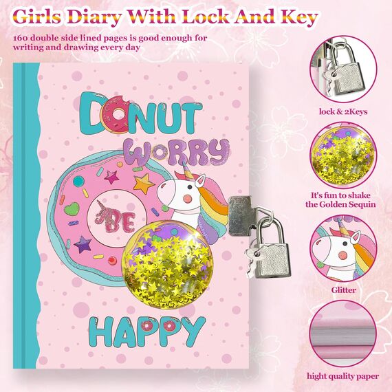 Tagebuch Mädchen mit Schloss, 17,8x13,5cm 80 Linierte Blätter Schüttelbares Pailletten-Donut Notizbuch Mädchen Kinder tagebuch zum Schreiben Teenager Geschenke Mädchen & Jungen 6 7 8 9 10 12 Jahren