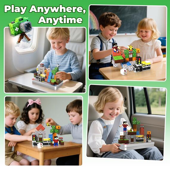 Annexfun Mini Magnetische Bausteine 44 Teile mit 1 Figur im Tragbaren Metallbox - Waldhütte & Straßenbau Set für Kinder, STEM Pädagogisches Lernspielzeug mit Magnetic Blocks für Kinder ab 3+ Jahren
