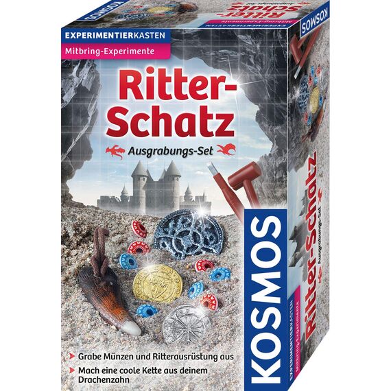 KOSMOS Ritter-Schatz Ausgrabungs-Set, Für Mittelalter-Fans und kleine Archäologen. Mit Drachenzahn, Metall-Münzen, Medaillon, Spielsteine, Experimentierset mit Hammer und Meißel, Für Kinder ab 7