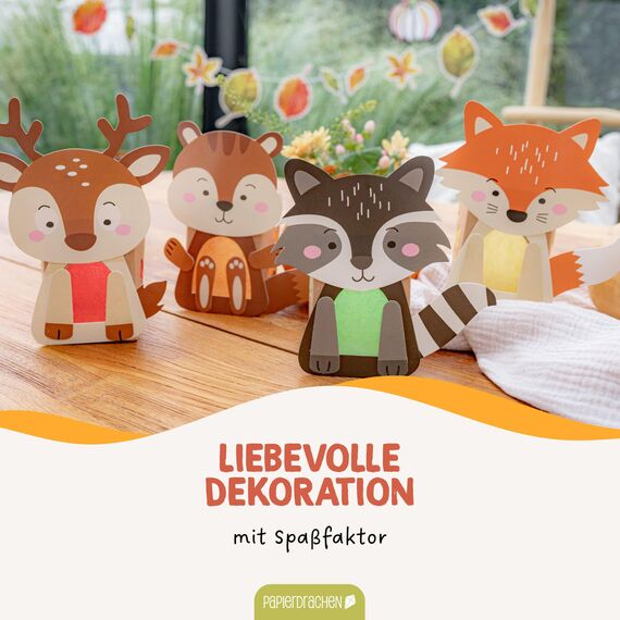 Papierdrachen 8 Windlichter zum Basteln für Kinder - Rentier, Waschbär, Fuchs, Eichhörnchen - Teelichthalter - Bastelset Herbst Set 1
