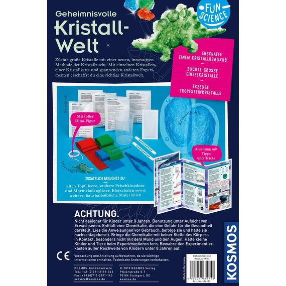 KOSMOS 654153 Fun Science - Geheimnisvolle Kristallwelt, Experimentierkasten für Kinder, Kristalle züchten, riesige Einzelkristalle in tollen Farben