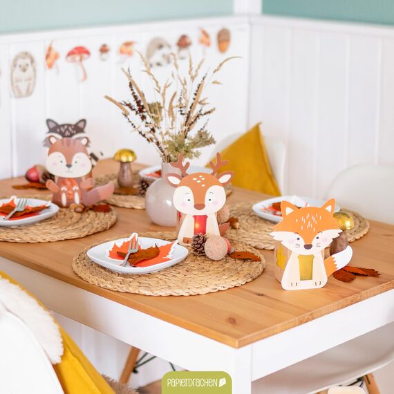 Papierdrachen 8 Windlichter zum Basteln für Kinder - Rentier, Waschbär, Fuchs, Eichhörnchen - Teelichthalter - Bastelset Herbst Set 1