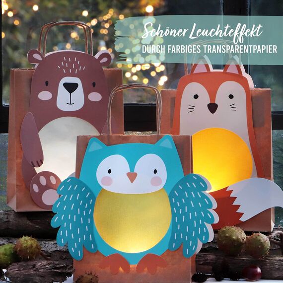 Papierdrachen 3 Laternen zum Selber Basteln - Henkeltüten mit Transparentpapier und Stanzteilen - Fuchs, Eule & Bär - für Mädchen und Jungen - Ideal für Kindergartenkinder