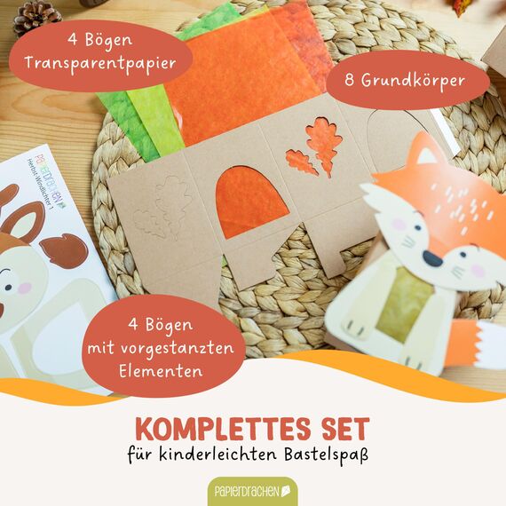Papierdrachen 8 Windlichter zum Basteln für Kinder - Rentier, Waschbär, Fuchs, Eichhörnchen - Teelichthalter - Bastelset Herbst Set 1