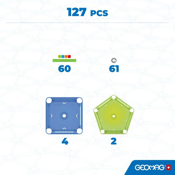GEOMAG - CLASSIC CONFETTI 127 Stück -Magnetische Bausteine für Kinder ab 3 Jahren- Hergestellt in der Schweiz -Konstruktionsspielzeug mit 60 Stäben, 61 Kugeln, 6 Basen - Magnetische Lernspiele STEM