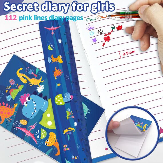 Set Tagebuch Junge, Kinder Schreibwaren-Geschenkset Enthält Dinosaurier Tagebuch mit Schloss Mädchen Notizblock Radiergummi Spitzer Lineal und 6-Farben-Stift für Teenager Notizbuch Geschenke 6+ Jahren
