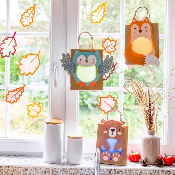 Papierdrachen 3 Laternen zum Selber Basteln - Henkeltüten mit Transparentpapier und Stanzteilen - Fuchs, Eule & Bär - für Mädchen und Jungen - Ideal für Kindergartenkinder