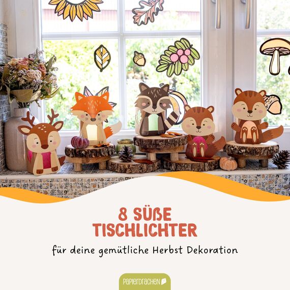 Papierdrachen 8 Windlichter zum Basteln für Kinder - Rentier, Waschbär, Fuchs, Eichhörnchen - Teelichthalter - Bastelset Herbst Set 1