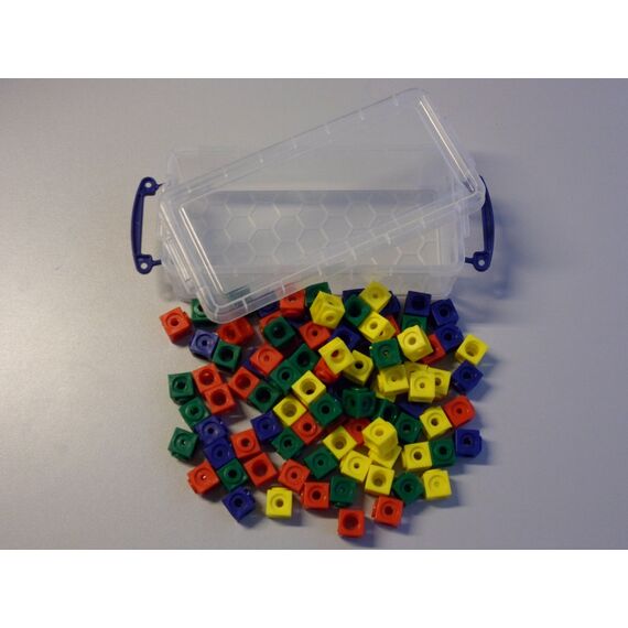 Dick-System Steckwürfel 4-farbig (rot, gelb, grün, blau) in der praktischen Box, 100 Stück, 1,7 cm, allseitig steckbar, Kunststoff