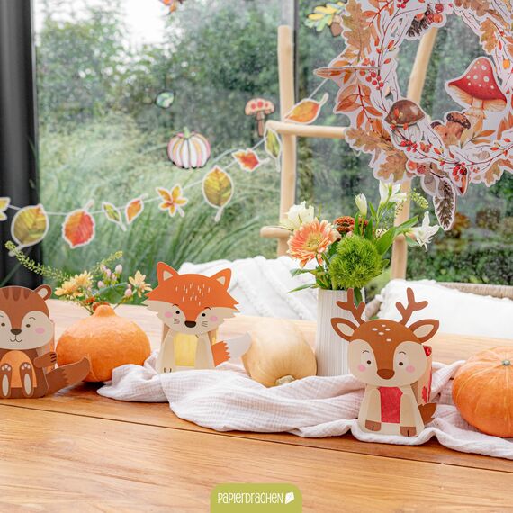 Papierdrachen 8 Windlichter zum Basteln für Kinder - Rentier, Waschbär, Fuchs, Eichhörnchen - Teelichthalter - Bastelset Herbst Set 1