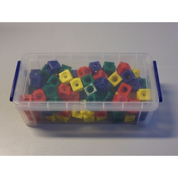 Dick-System Steckwürfel 4-farbig (rot, gelb, grün, blau) in der praktischen Box, 100 Stück, 1,7 cm, allseitig steckbar, Kunststoff
