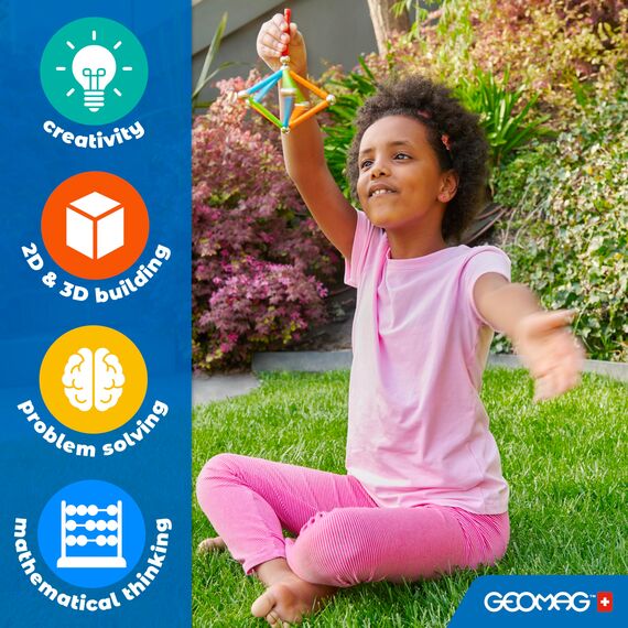 GEOMAG - CLASSIC CONFETTI 127 Stück -Magnetische Bausteine für Kinder ab 3 Jahren- Hergestellt in der Schweiz -Konstruktionsspielzeug mit 60 Stäben, 61 Kugeln, 6 Basen - Magnetische Lernspiele STEM