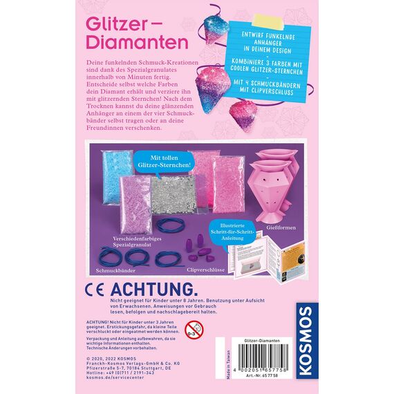 KOSMOS 657758 Glitzer-Diamanten, Funkelnde Schmuck-Anhänger erstellen und gestalten, mit Gießformen, Schmuckbändern, Glitzer, Granulat in 3 Farben, Experimentierset für Kinder von 8-12 Jahren