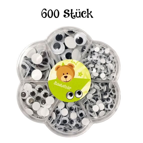 Wackelaugen Selbstklebend • 600 Stück • Premium Kulleraugen selbstklebend • Sortiert • Deutsches Kleinunternehmen • Augen zum Basteln • Bastel Augen für DIY Scrapbooking UVM • Verschiedene Größen