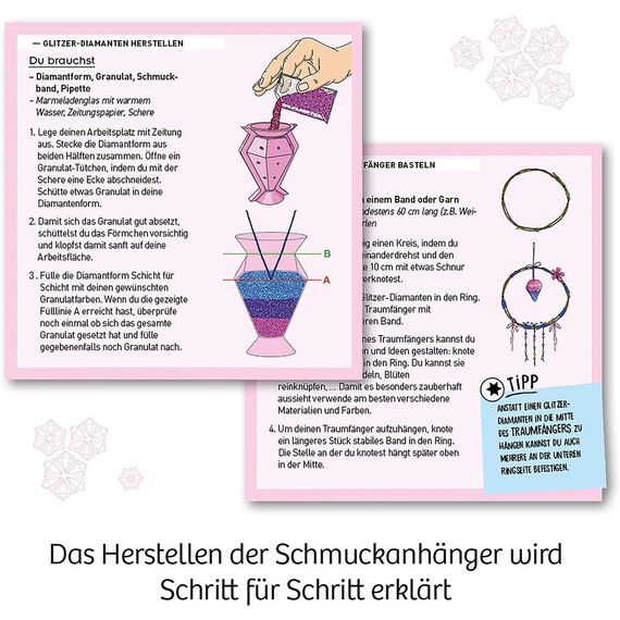 KOSMOS 657758 Glitzer-Diamanten, Funkelnde Schmuck-Anhänger erstellen und gestalten, mit Gießformen, Schmuckbändern, Glitzer, Granulat in 3 Farben, Experimentierset für Kinder von 8-12 Jahren