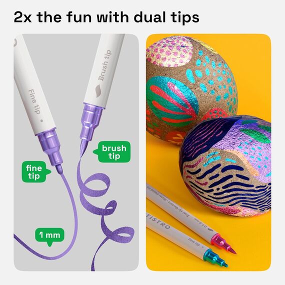Artistro 24 Metallic Acrylstifte – Dual Tip (Pinsel & Fein) Marker für Stoff, Leinwand, Stein, Glas, Holz – Kalligrafie, Scrapbooking Zubehör, DIY & Geschenk für Kinder und Jugendliche – Kunstset