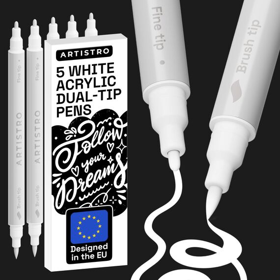 Artistro 5 Weiße Acrylstifte – Dual Tip (Pinsel & Fein) Marker für Stoff, Leinwand, Stein, Glas, Holz – Kalligrafie, Scrapbooking Zubehör, DIY & Geschenk für Kinder und Jugendliche – Kunstset
