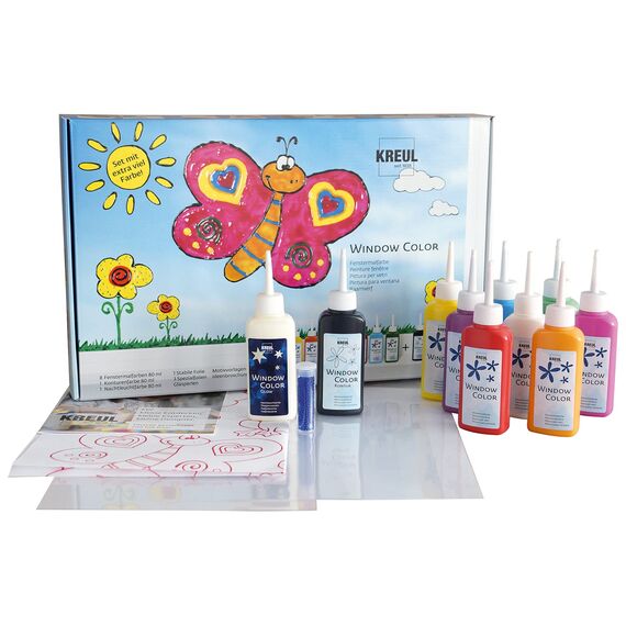 KREUL 42752 - Window Color Fenstermalfarben Set, 10 x 80 ml Farben in Malflaschen, inkl. schwarze Konturenfarbe & Nachtleuchtfarbe, für Kinder, Folien, Glasperlen und Motivvorlagen