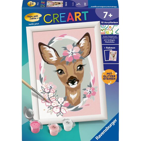 Ravensburger CreArt 28983 - Süßes REH - Malen nach Zahlen Kinder ab 7 - Malset mit Rahmen, Pinsel und Acrylfarben - DIY Set Kinder - Geschenk Mädchen und Junge 7 Jahre, mit Glitzer