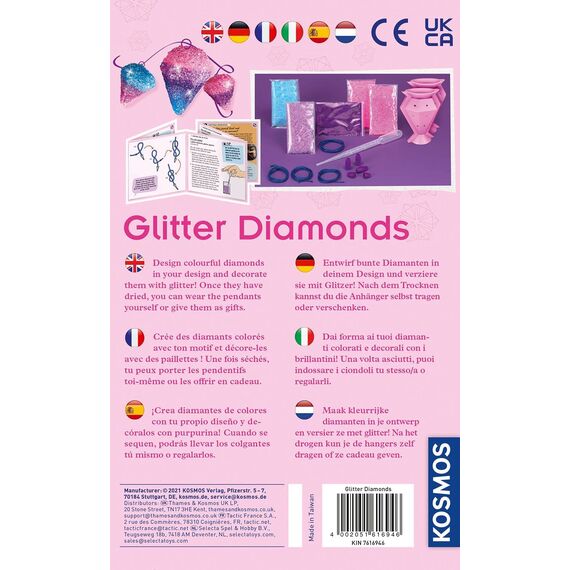 KOSMOS 616946 Glitzer-Diamanten, Funkelnde Schmuck-Anhänger gestalten, mit Gießformen, Schmuckbändern, Glitzer, Granulat in 3 Farben, Experimentierset für Kinder von 8-12 Jahren, Multisprache