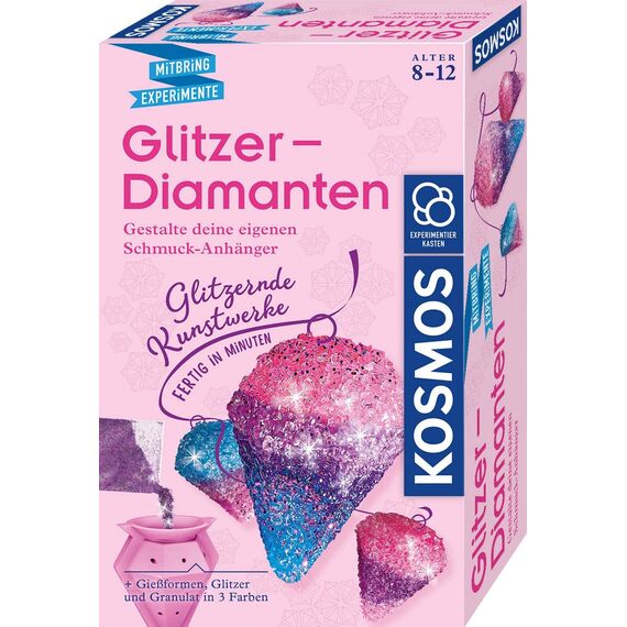 KOSMOS 657758 Glitzer-Diamanten, Funkelnde Schmuck-Anhänger erstellen und gestalten, mit Gießformen, Schmuckbändern, Glitzer, Granulat in 3 Farben, Experimentierset für Kinder von 8-12 Jahren