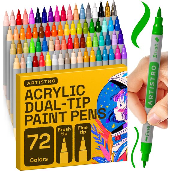 Artistro 72 Acrylstifte – Dual Tip (Pinsel & Fein) Marker für Stoff, Leinwand, Stein, Glas, Holz – Kalligrafie, Scrapbooking Zubehör, DIY & Geschenk für Kinder und Jugendliche – Kunstset