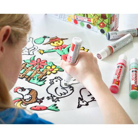 Marabu KiDS Window Color Bauernhof Set, 6 x 25 ml, Fensterfarbe für Kinder, abziehbare Fenstermalfarben, für Glas, Bastel- & Kreativset zum Malen, 0306000000006
