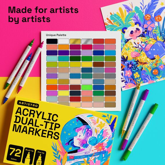 Artistro 72 Acrylstifte – Dual Tip (Pinsel & Fein) Marker für Stoff, Leinwand, Stein, Glas, Holz – Kalligrafie, Scrapbooking Zubehör, DIY & Geschenk für Kinder und Jugendliche – Kunstset