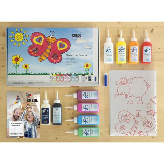 KREUL 42752 - Window Color Fenstermalfarben Set, 10 x 80 ml Farben in Malflaschen, inkl. schwarze Konturenfarbe & Nachtleuchtfarbe, für Kinder, Folien, Glasperlen und Motivvorlagen