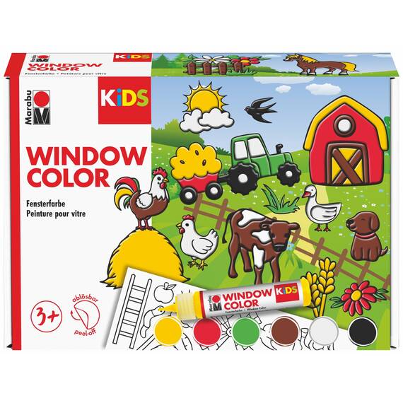 Marabu KiDS Window Color Bauernhof Set, 6 x 25 ml, Fensterfarbe für Kinder, abziehbare Fenstermalfarben, für Glas, Bastel- & Kreativset zum Malen, 0306000000006
