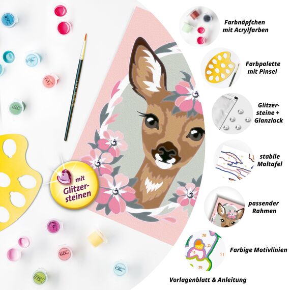 Ravensburger CreArt 28983 - Süßes REH - Malen nach Zahlen Kinder ab 7 - Malset mit Rahmen, Pinsel und Acrylfarben - DIY Set Kinder - Geschenk Mädchen und Junge 7 Jahre, mit Glitzer