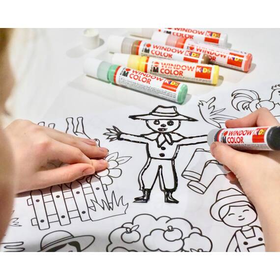 Marabu KiDS Window Color Bauernhof Set, 6 x 25 ml, Fensterfarbe für Kinder, abziehbare Fenstermalfarben, für Glas, Bastel- & Kreativset zum Malen, 0306000000006