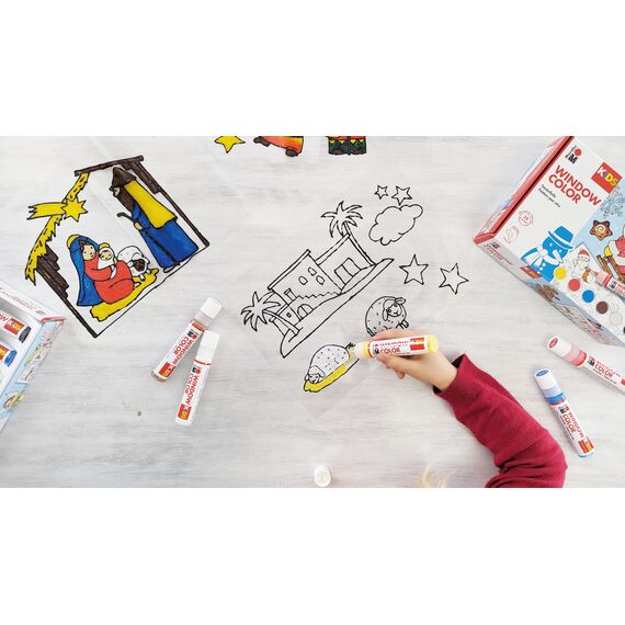 Marabu 0306000000003 - Kids Window Color Winter mit 6 x 25 ml Farbe, Malvorlage A3 mit 35 Motiven und Folie A4, Fenstermalfarbe auf Wasserbasis, geeignet für Glas, Spiegel, Fliesen und Folie