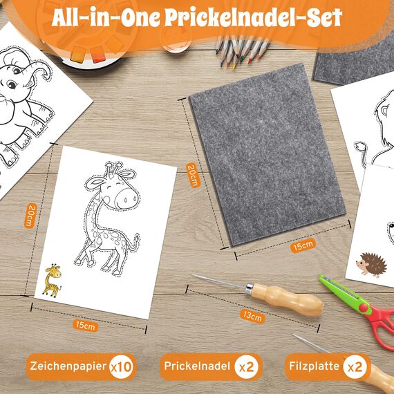 Prickelnadel Set für Kinder ab 4, Komplettes Prickelset mit 2 Prickelfilz, 2 Prickelnadel & 10 Stickbilder - Sicher & Entwickelt für Kleine Hände - Prickeln Kunst Kit für Kreative Bastelprojekte